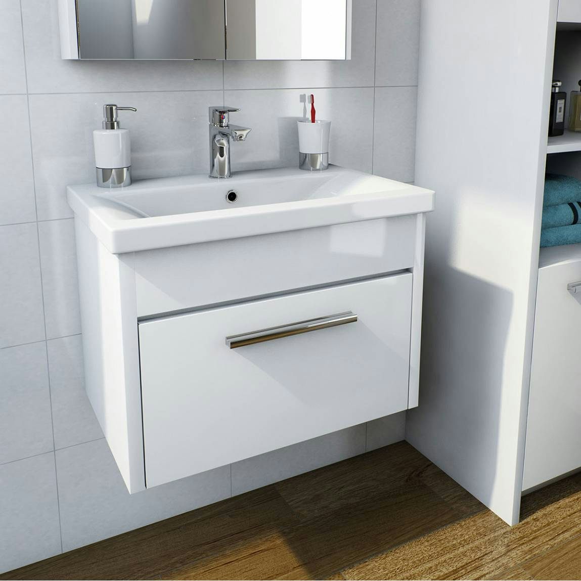 Clarity white wall hung vanity drawer unit with basin