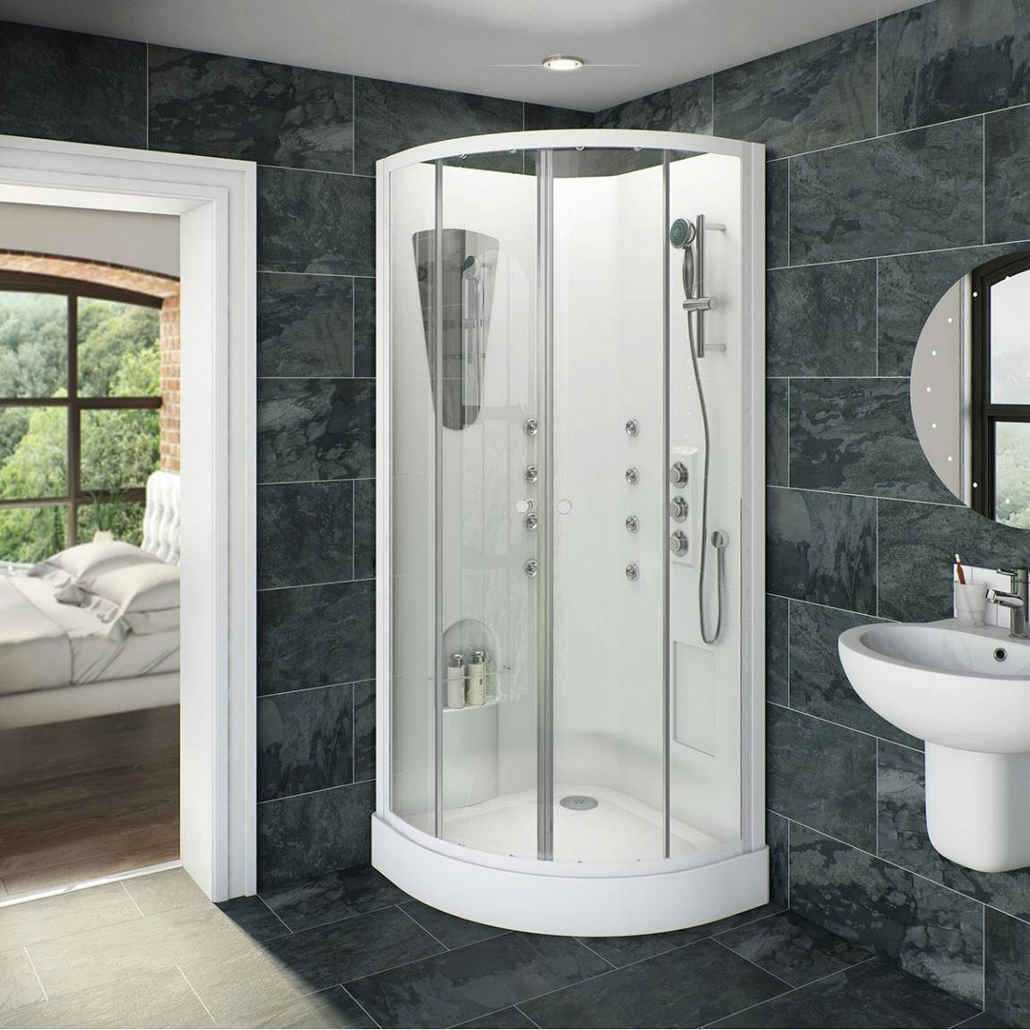 Glass backed quadrant shower cabin