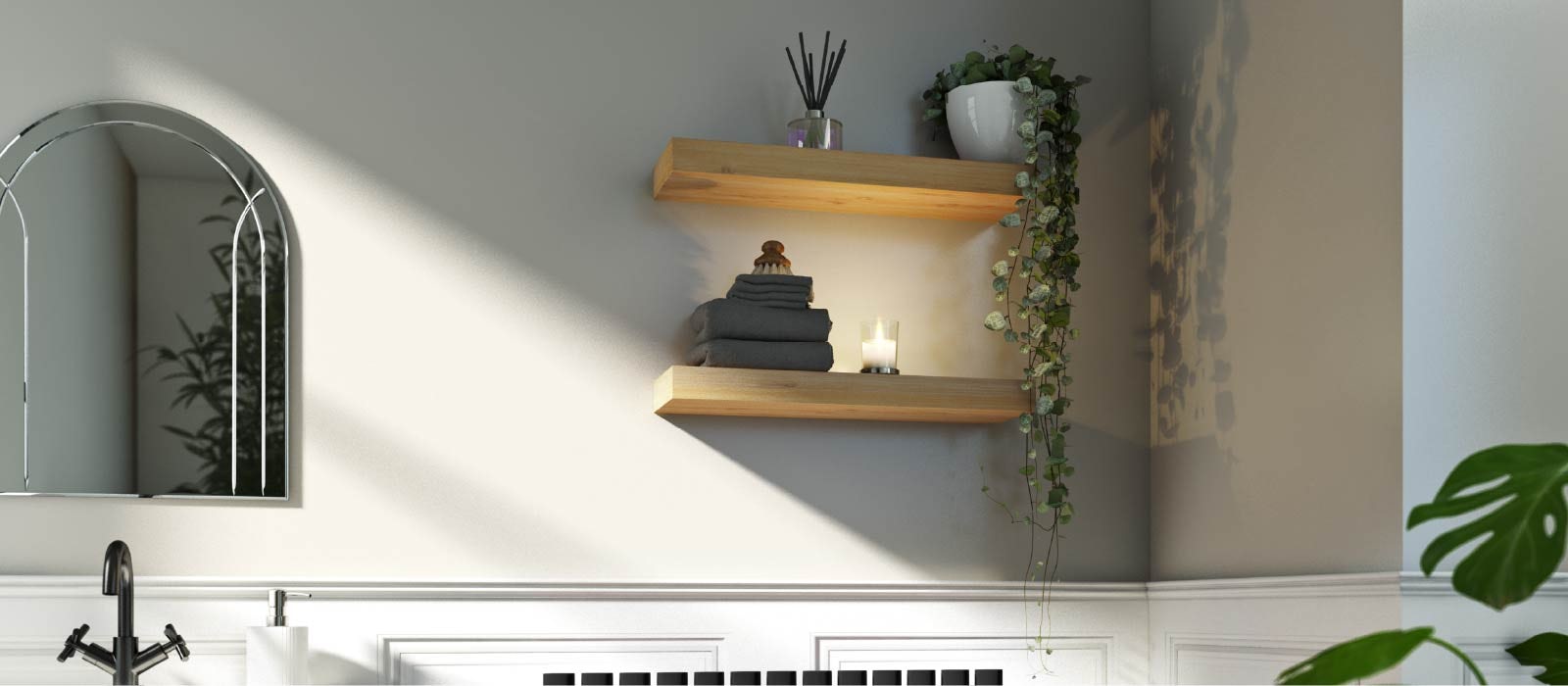 natural wood bathroom shelves