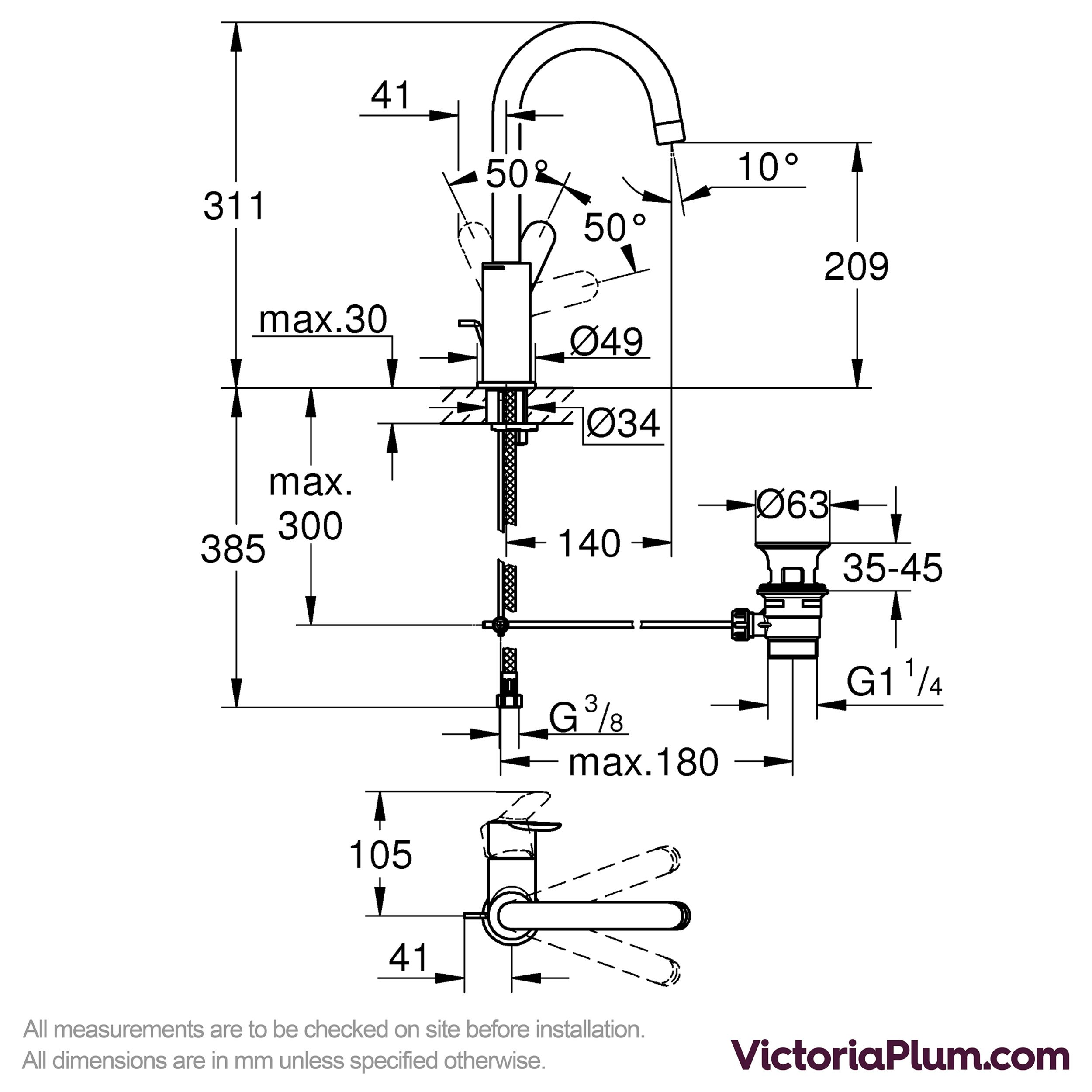 Grohe BauEdge Large Mono Single Level Basin Mixer Tap With Pop Up Waste ...