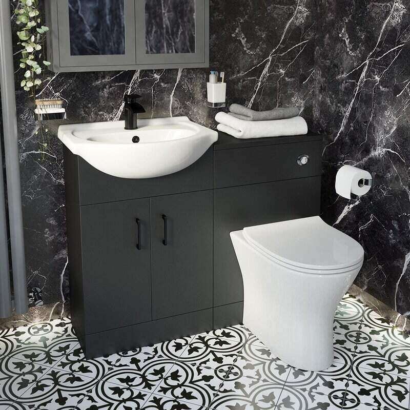Orchard Lea soft black furniture combination with black handle and Derwent round back to wall toilet with seat