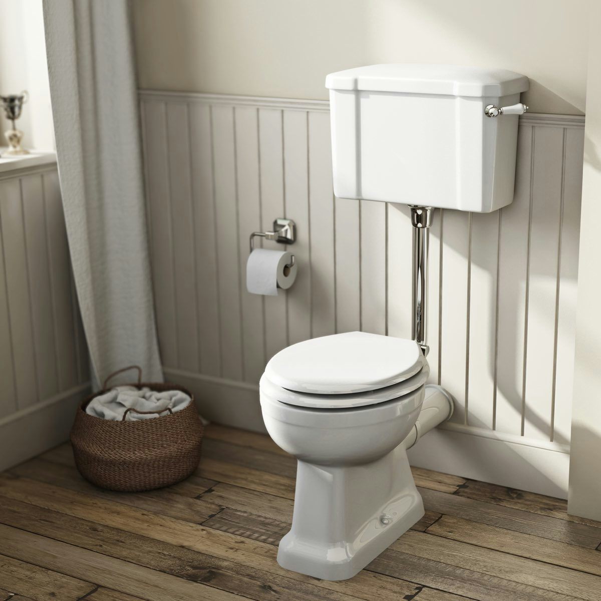 Camberley low level toilet with wooden soft close seat