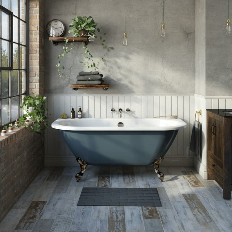 The Bath Co. Dalston province blue back to wall freestanding bath with antique bronze ball and claw feet