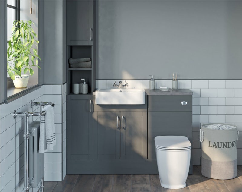 Reeves Newbury dusk grey tall fitted furniture combination with grey worktop