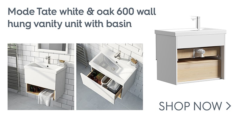 Mode Tate white &amp; oak 600 wall hung vanity unit with basin