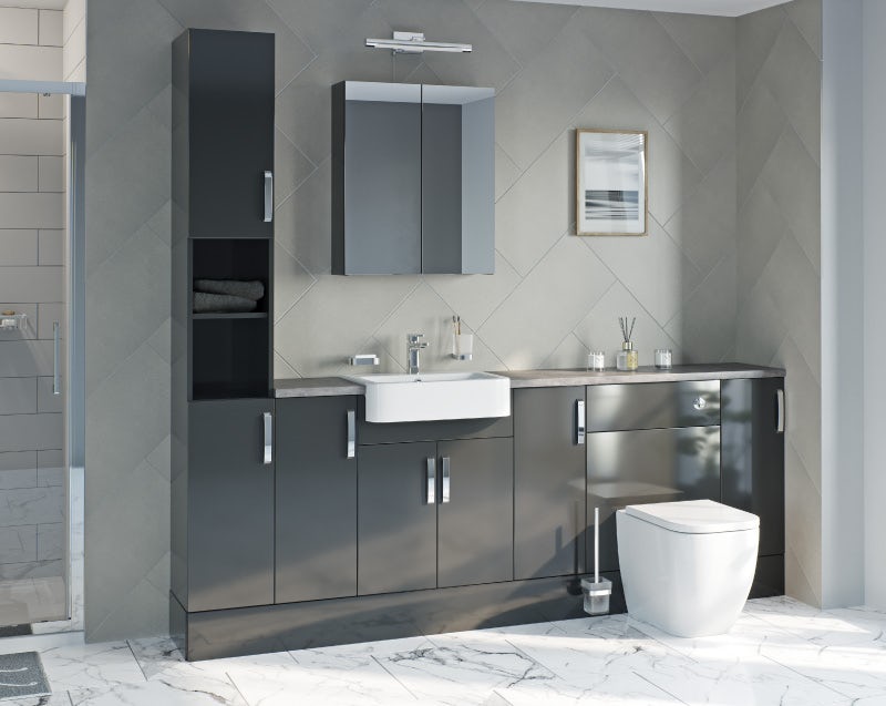 Reeves Nouvel gloss grey tall fitted furniture & storage combination with beige worktop