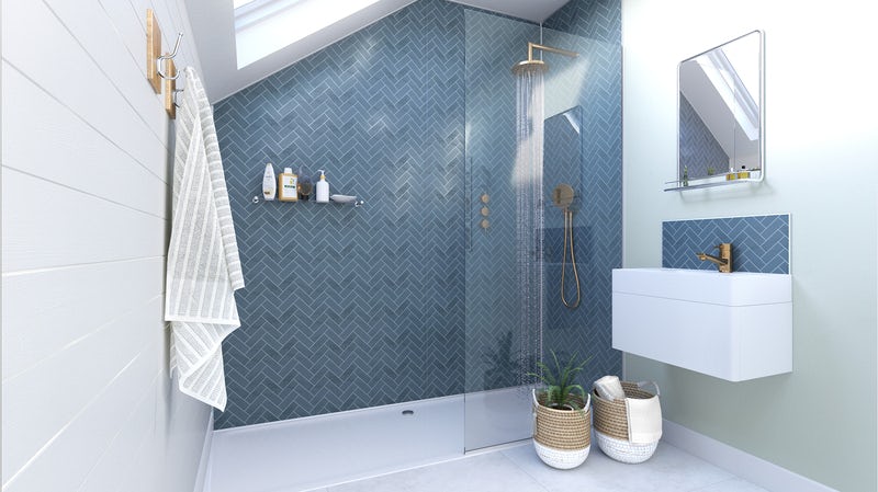 Showerwall Custom Navy Herringbone acrylic shower wall panel
