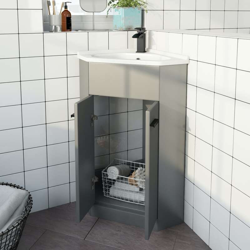 Clarity Compact satin grey corner floorstanding vanity unit with black handle and ceramic basin 580mm