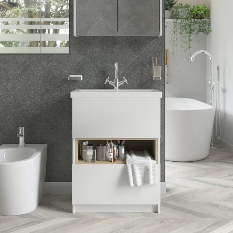 Mode Tate II white &amp; oak floorstanding vanity unit and ceramic basin 600mm