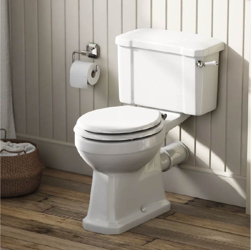 The Bath Co. Camberley close coupled toilet with wooden soft close seat white