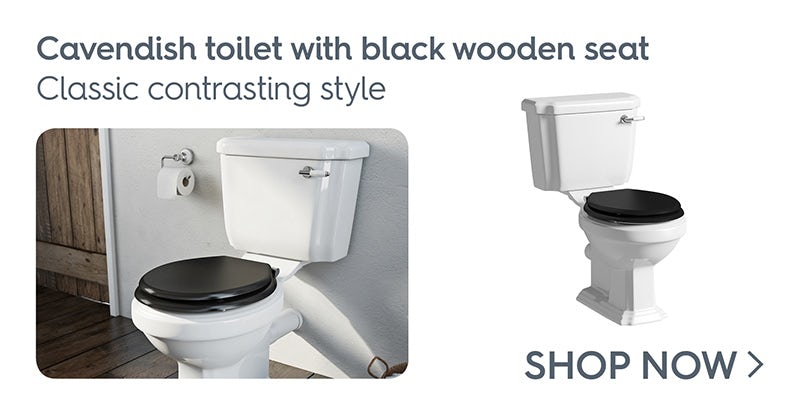 Cavendish close coupled toilet with wooden toilet seat black
