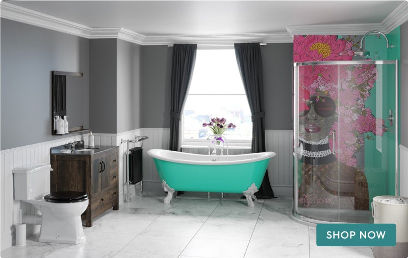 Louise Dear Kiss Kiss Bam Bam Green bathroom suite with freestanding bath and quadrant shower enclosure