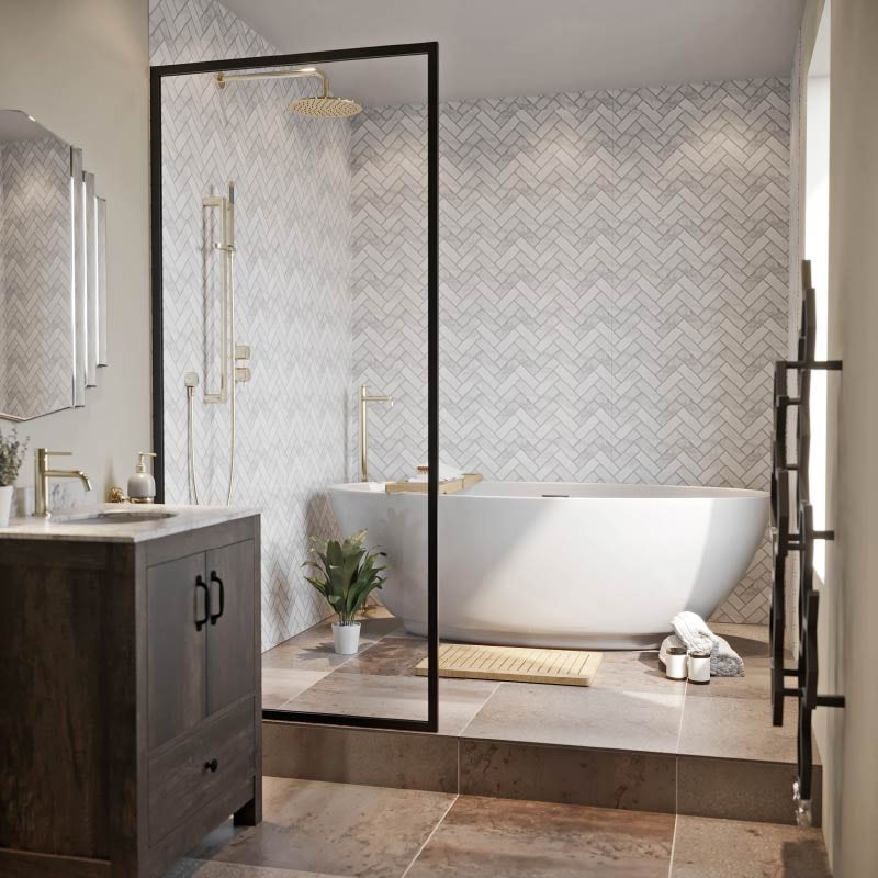 Create a stunning showering space quickly and easily with tile-effect shower wall panels 