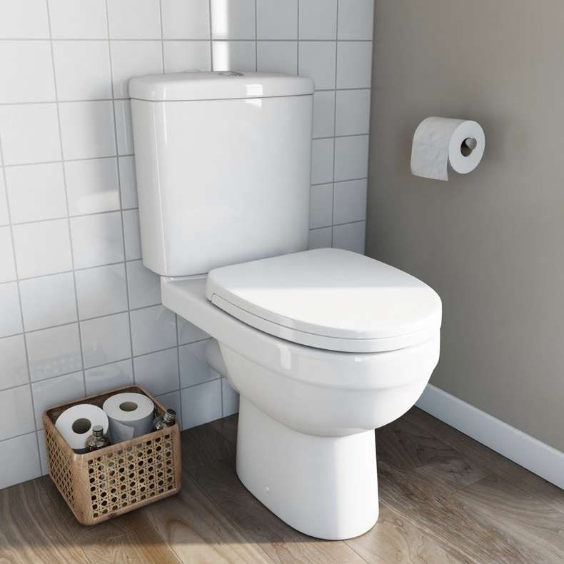 Energy close coupled toilet with soft close toilet seat