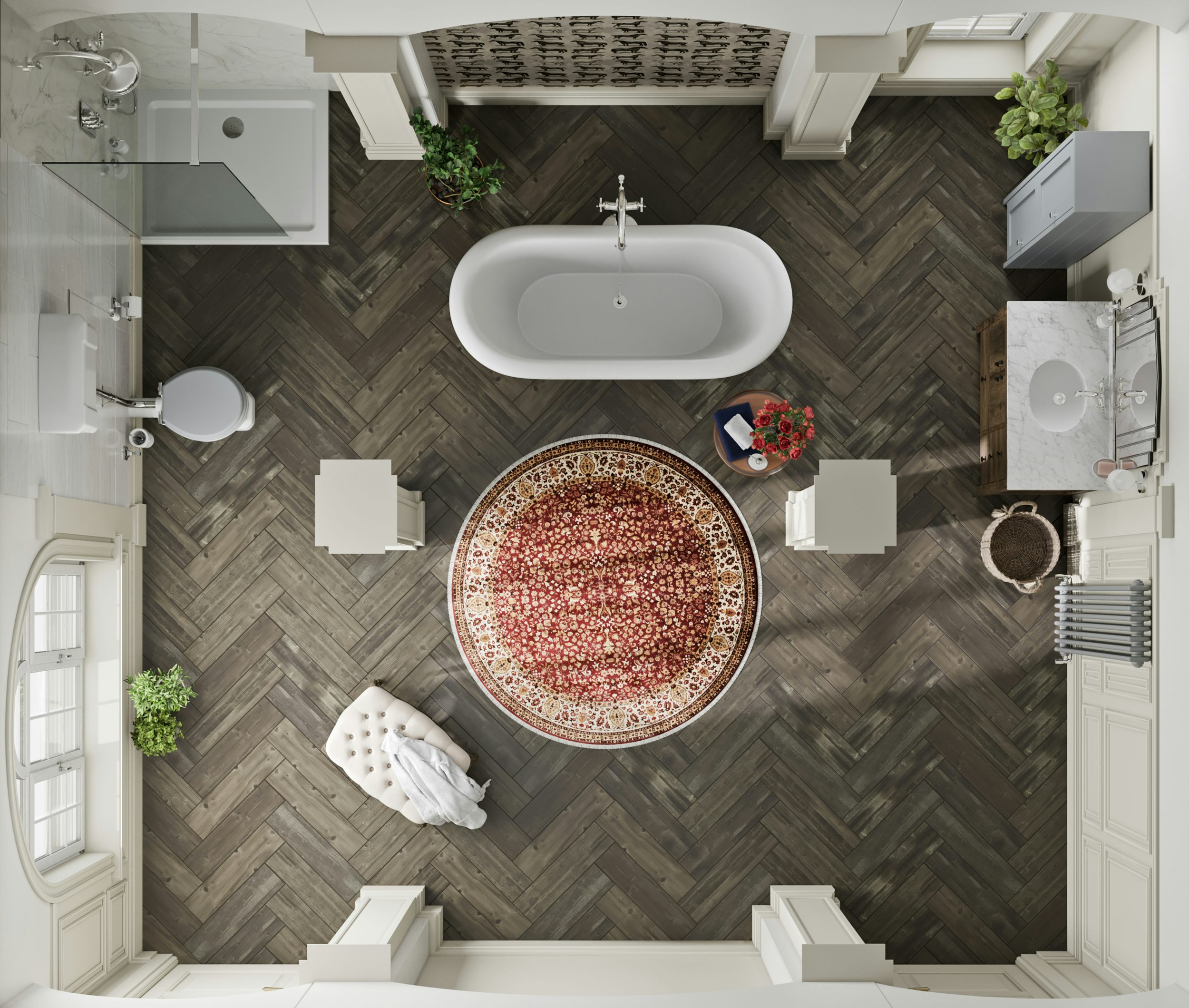 A bathroom fit for a queen—overhead view