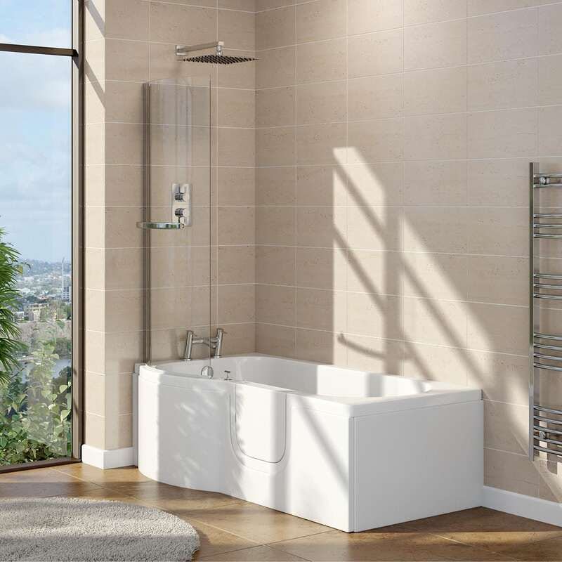 Orchard walk in L shaped shower bath with easy access right handed door and screen