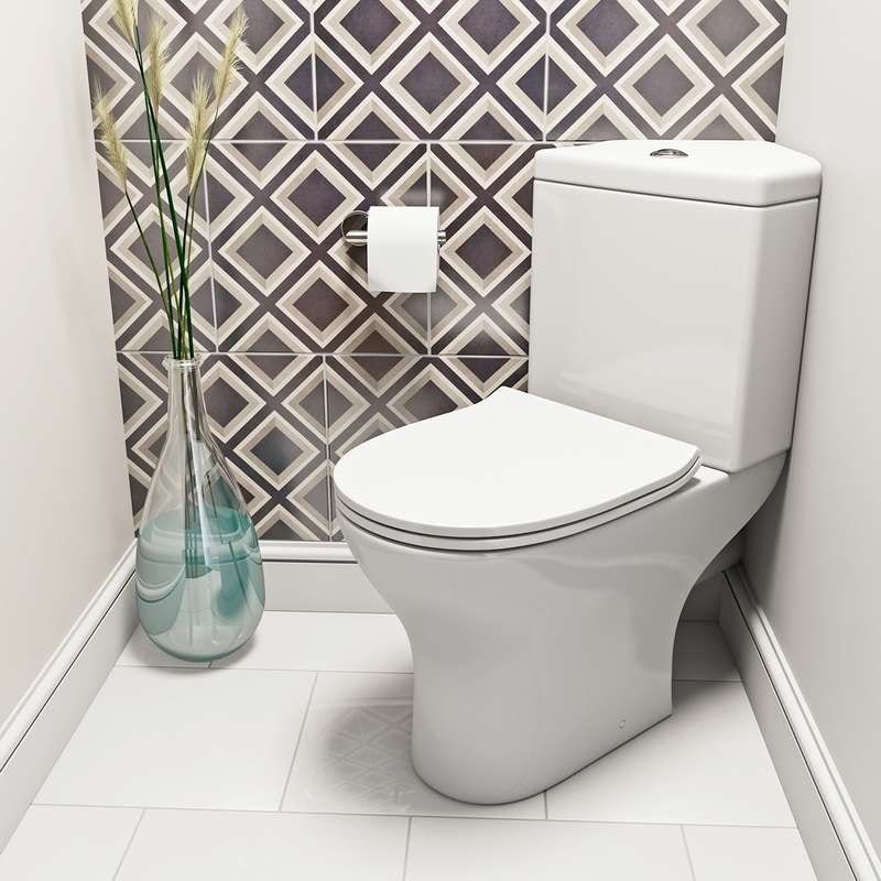 Compact round corner close coupled toilet with slimline soft close toilet seat