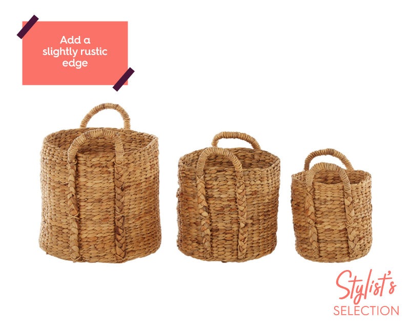 Set of 3 rice nut weave water hyacinth storage baskets with handles