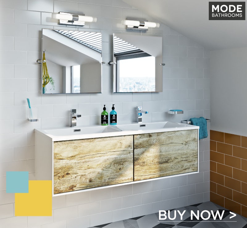 Mode Burton white & rustic oak wall hung double basin vanity unit 1200mm