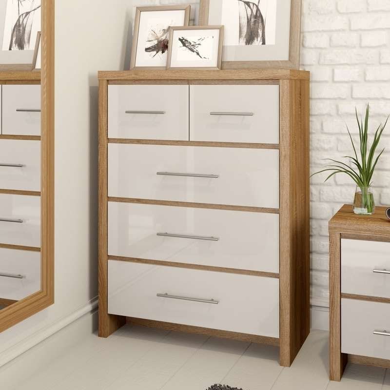 London oak and white gloss 2 over 3 drawer chest