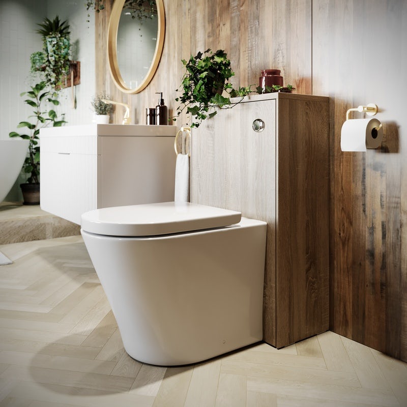 Mode Austin oak back to wall unit and contemporary toilet with soft close seat