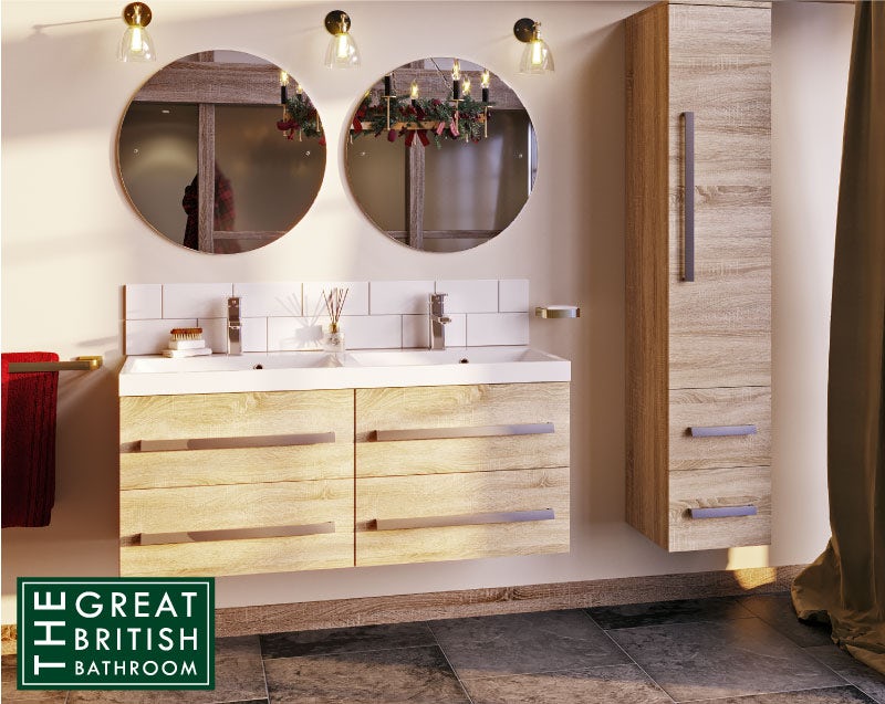 Orchard Wye walnut wall hung double vanity unit and basin 1200mm