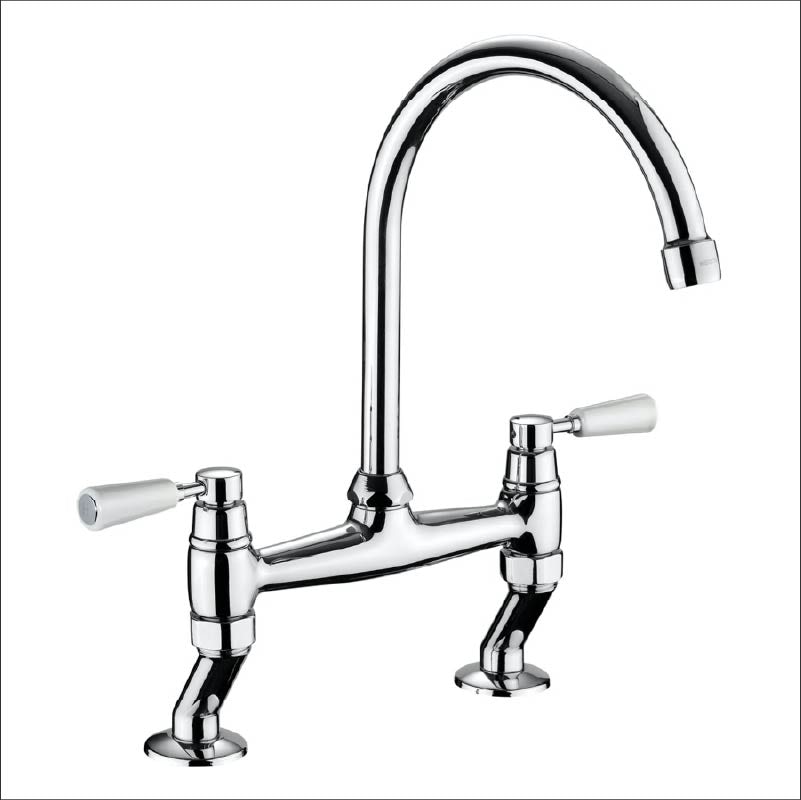 Rangemaster Traditional dual lever bridge kitchen tap with white handles