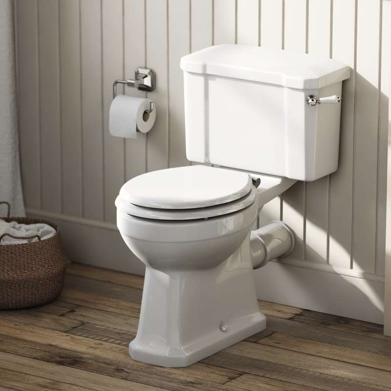 The Bath Co. Camberley close coupled toilet with wooden soft close seat white