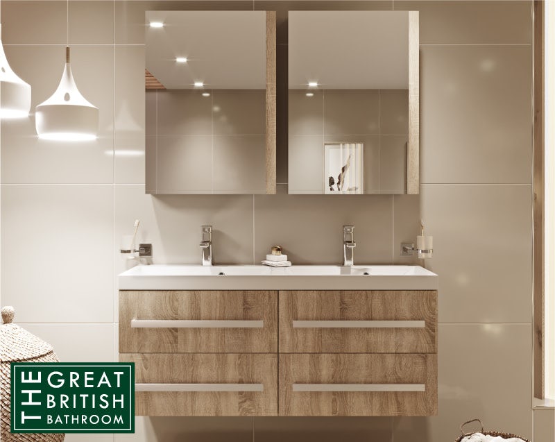 Orchard Wye oak wall hung double vanity unit and basin 1200mm