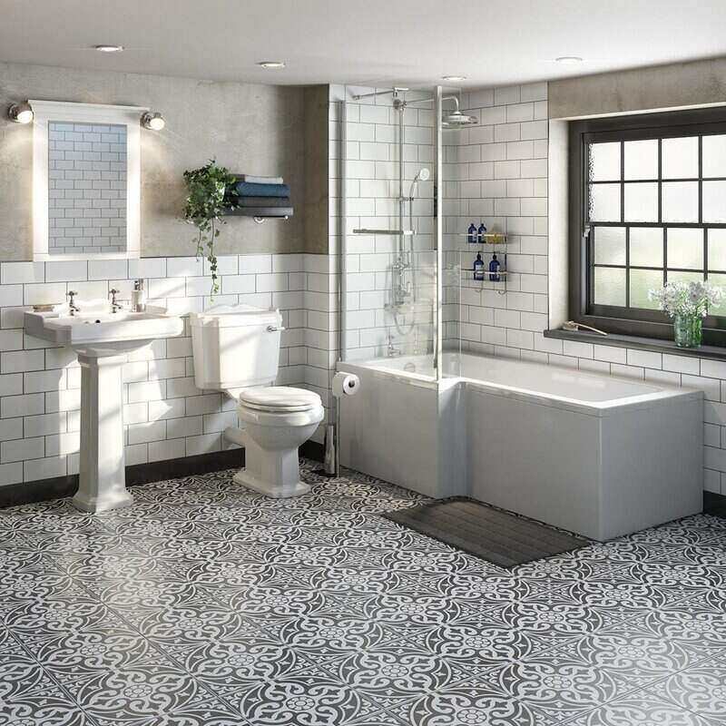 Orchard Winchester bathroom suite with left handed L shaped shower bath and taps 1700 x 850