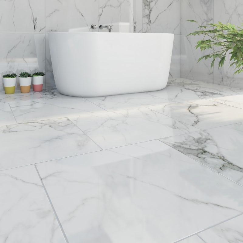 Calcolo Storm white marble effect gloss wall and floor tile 600mm x 600mm