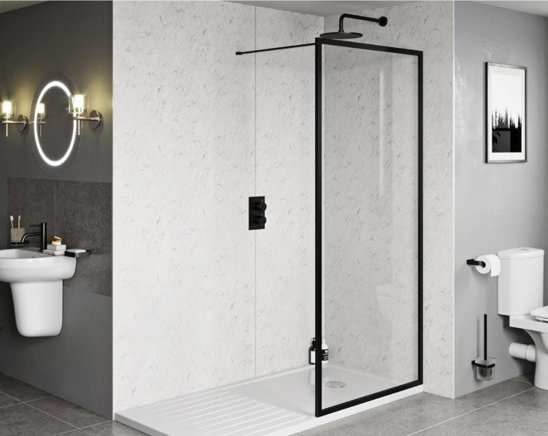 Orchard 6mm black framed wet room glass screen with walk in tray