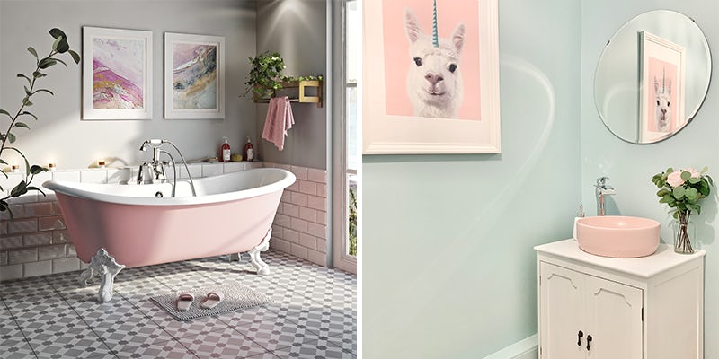 Pink colour blocking in bathrooms