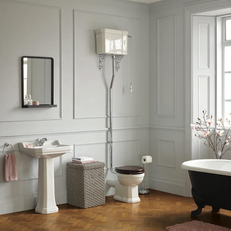 Ideal Standard Waverley high level toilet with mahogany toilet seat