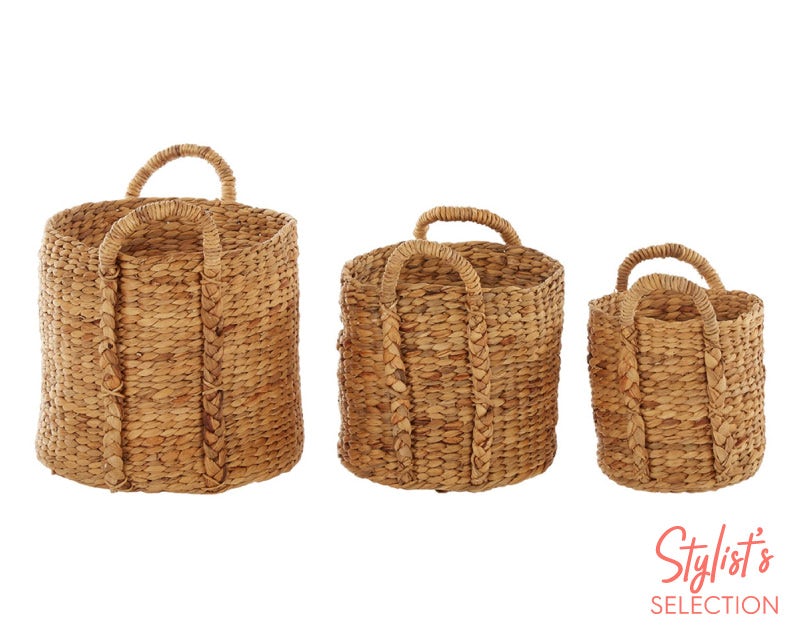 Set of 3 rice nut weave water hyacinth storage baskets with handles
