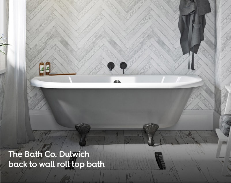 The Bath Co. Dulwich iron grey back to wall roll top bath with black ball and claw feet 1700 x 750