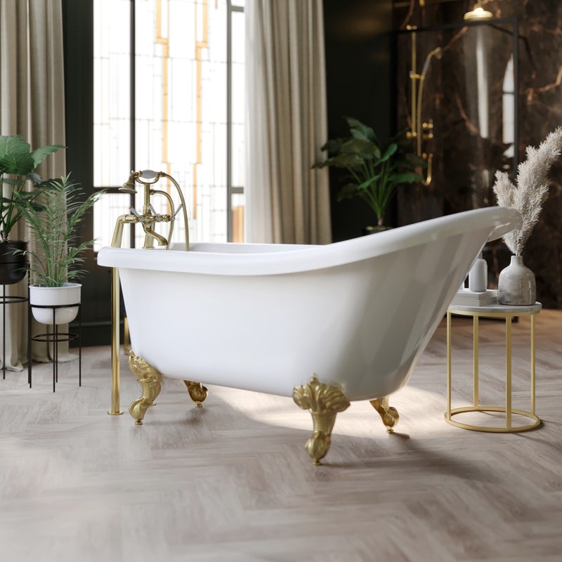 Orchard Traditional single ended slipper bath with brushed brass ball and claw feet
