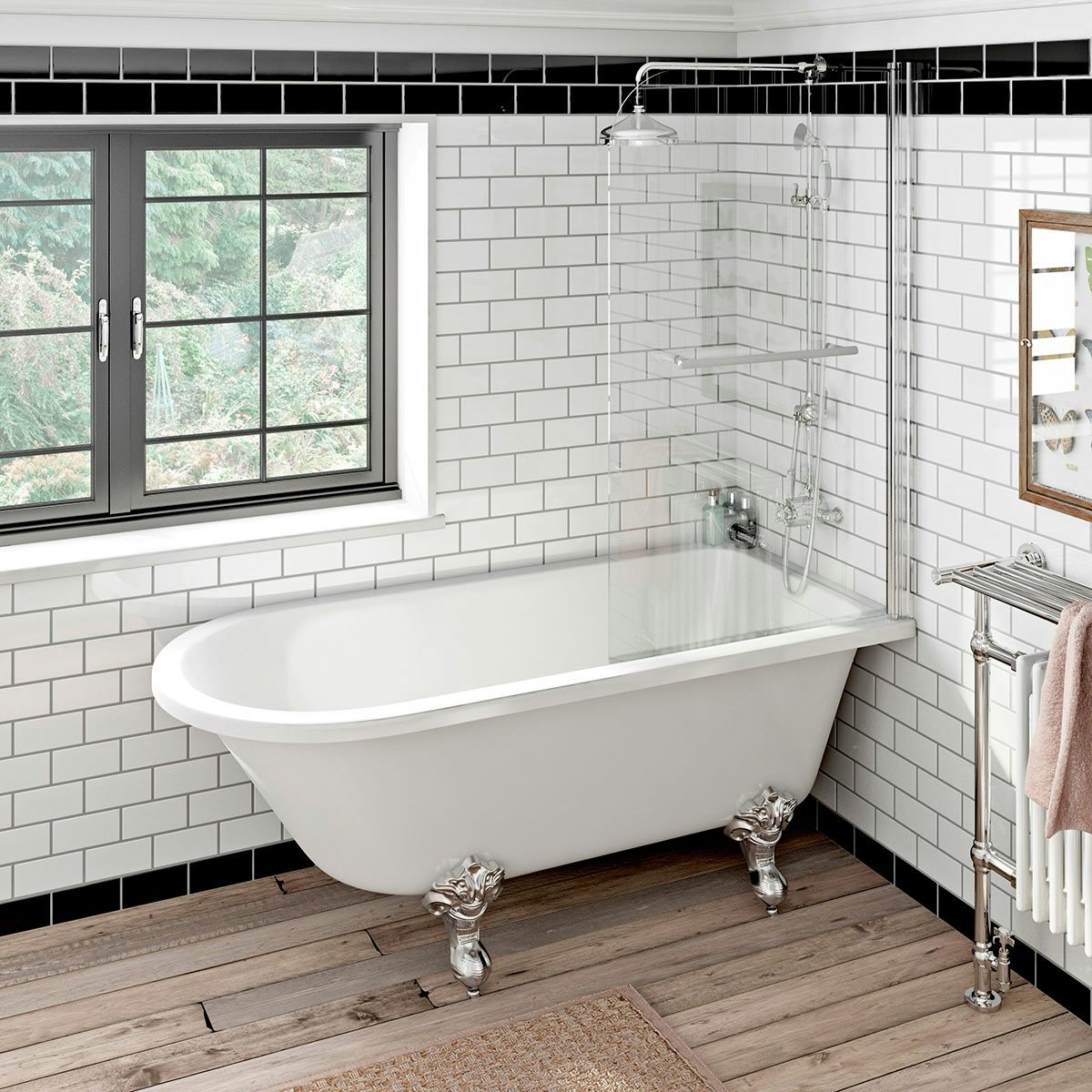 Orchard Dulwich traditional freestanding shower bath with 6mm shower screen and rail 1710 x 780