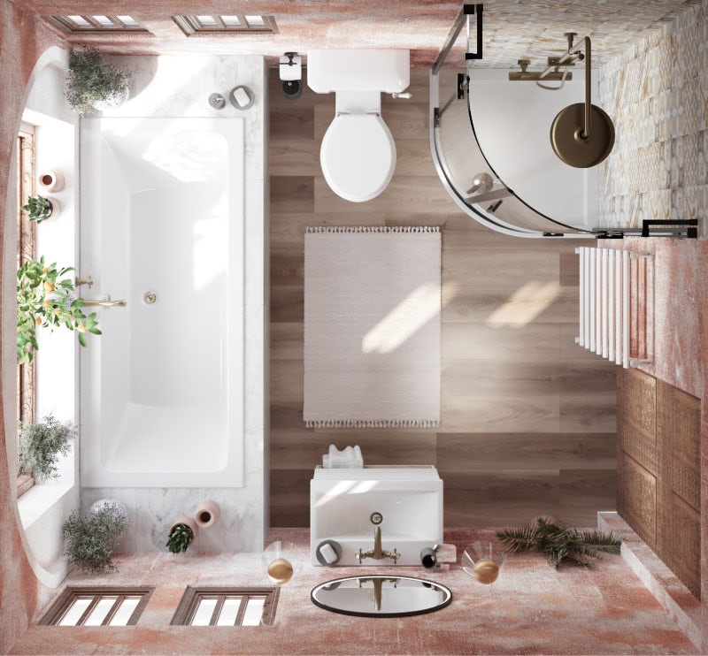 Hacienda Mediterranean style in a small family bathroom or ensuite—layout