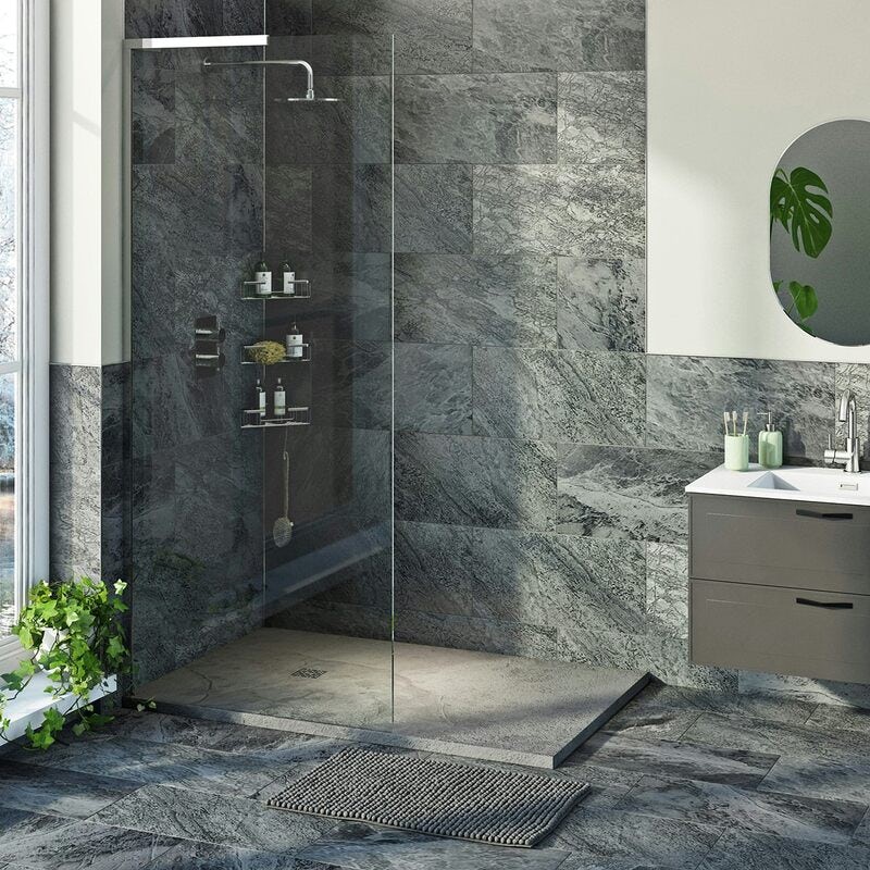 Mode slate effect grey rectangular shower tray with colour matched waste cover