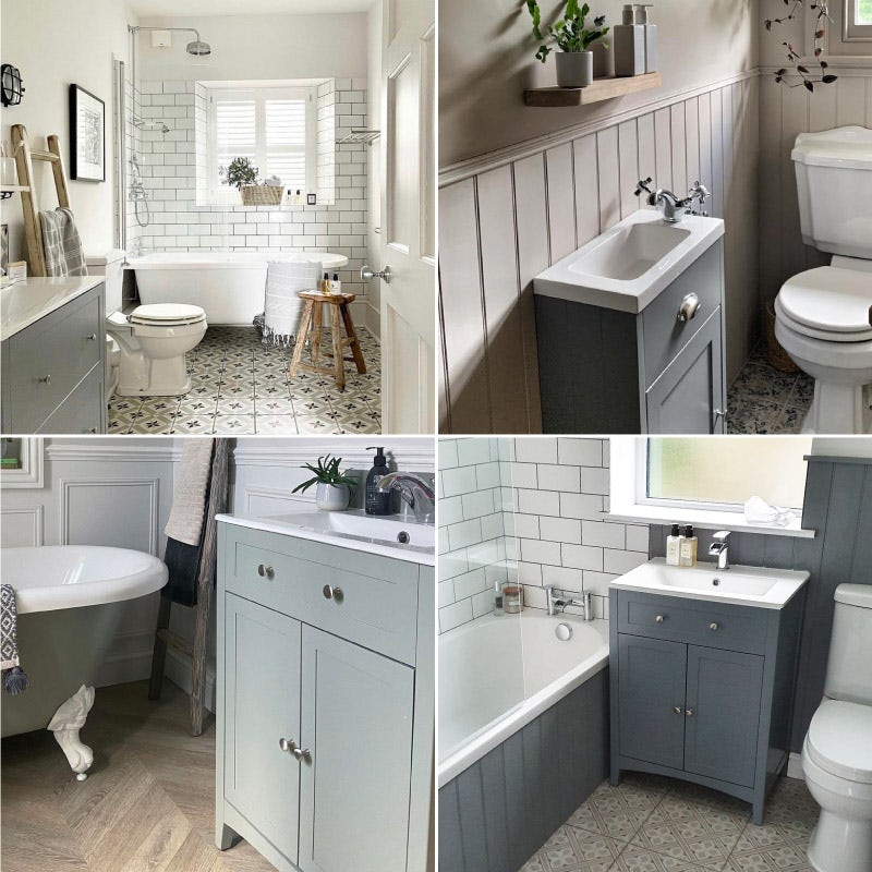 Camberley satin grey floorstanding vanity units in customers' bathrooms