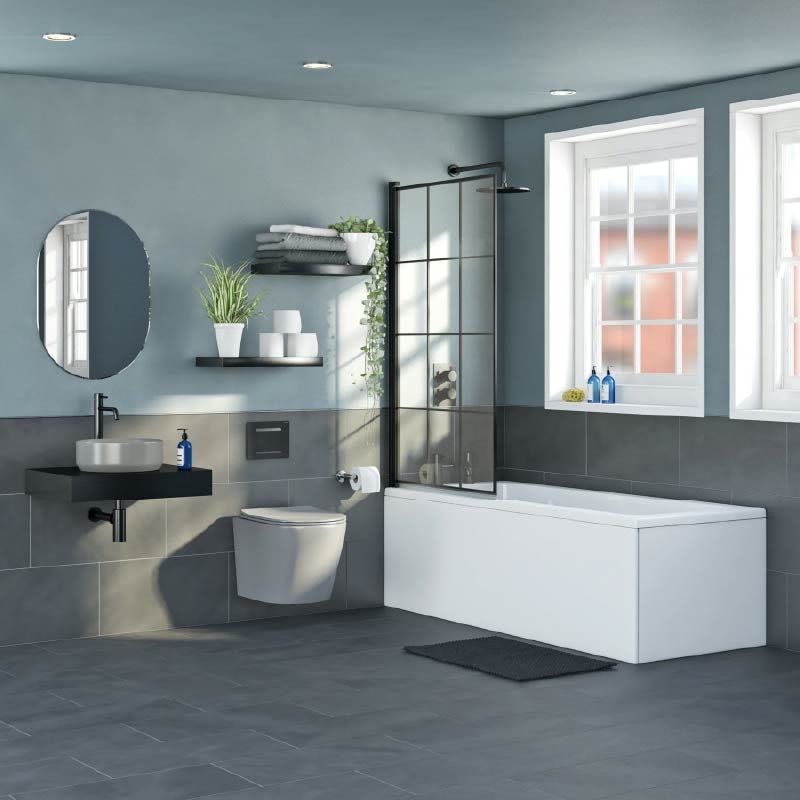 Mode Orion complete bathroom suite with contemporary charcoal grey wall hung toilet and straight shower bath