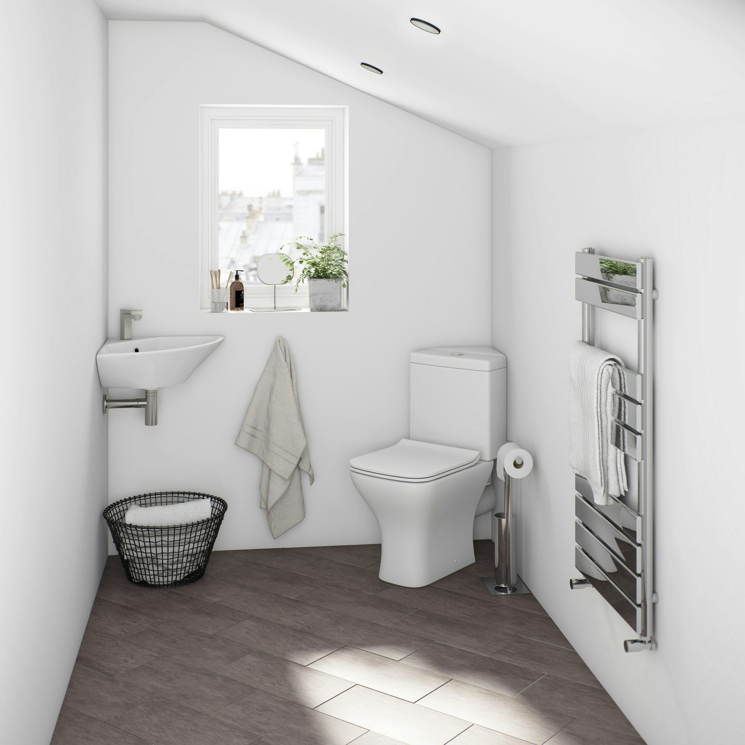 Orchard Derwent square compact corner bathroom suite in loft conversion