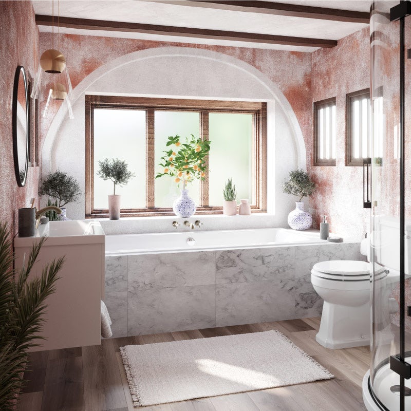 Hacienda Mediterranean style in a small family bathroom or ensuite—bath