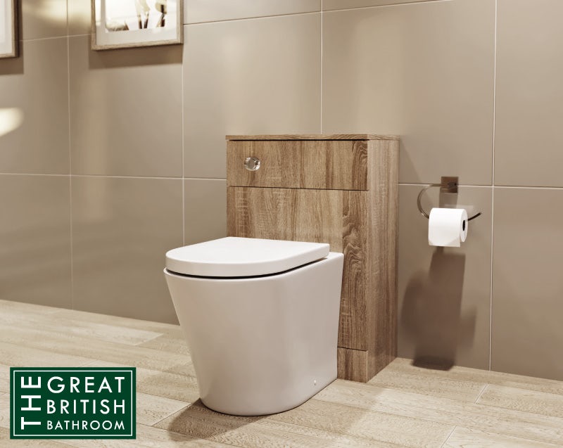 Orchard Wye oak back to wall unit and contemporary toilet with soft close seat