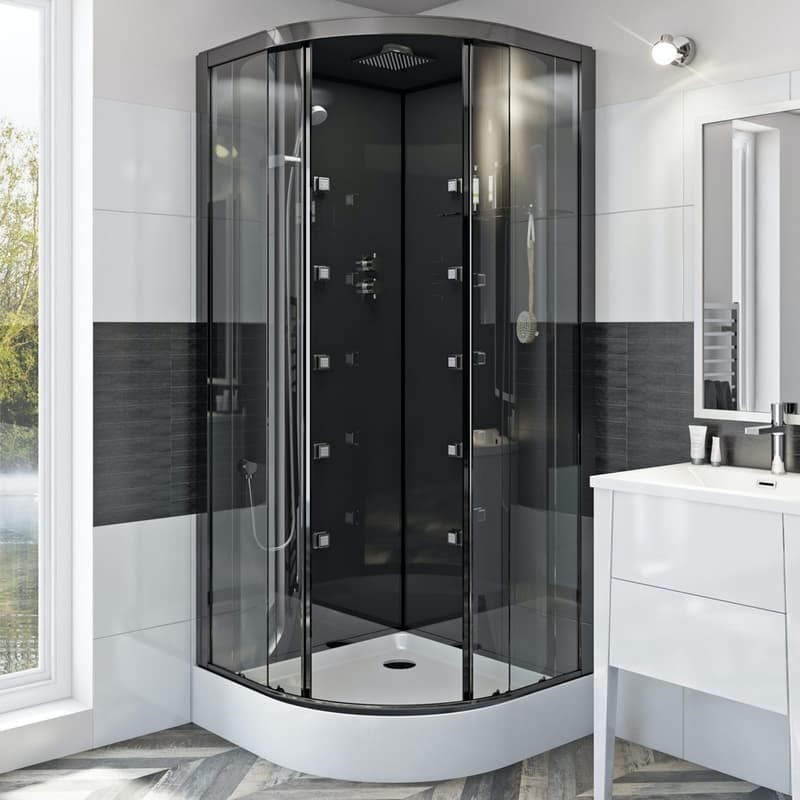 Mode quadrant black glass backed hydro massage shower cabin 900 x 900