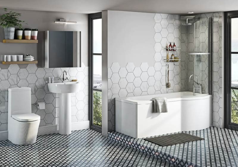 Mode Tate bathroom suite with P shaped shower bath 1700 x 850