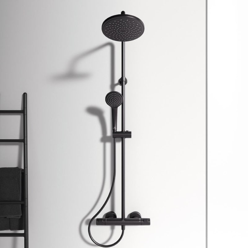 Ideal Standard Ceratherm silk black T25 dual exposed thermostatic shower mixer with Idealrain silk black round shower head and handspray