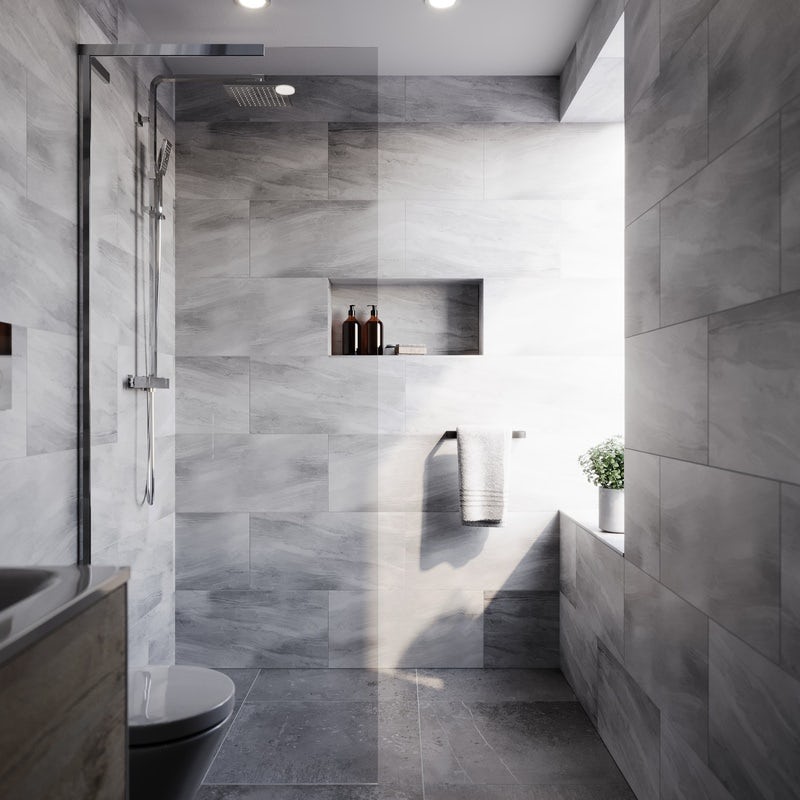 Calcolo Cavalla dark grey stone effect flat matt wall and floor tile 300mm x 600mm