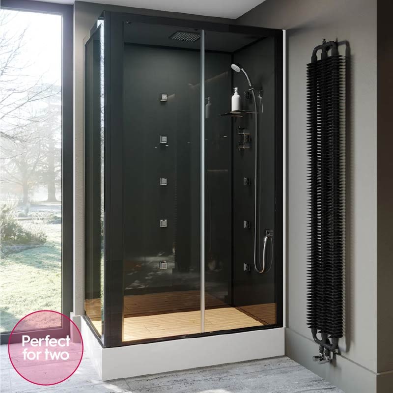 Mode rectangular black glass backed hydro massage shower cabin with wood effect floor and seat 1200 x 800